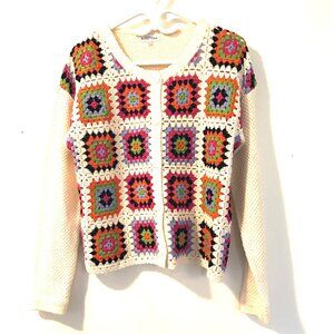 Cardigan/sweater button front crochet granny square patchwork women's M cotton